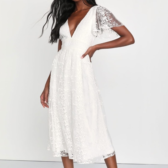 Lulus Dresses & Skirts - Lulus Elegant Approach White Embroidered Flutter Sleeve Midi Dress